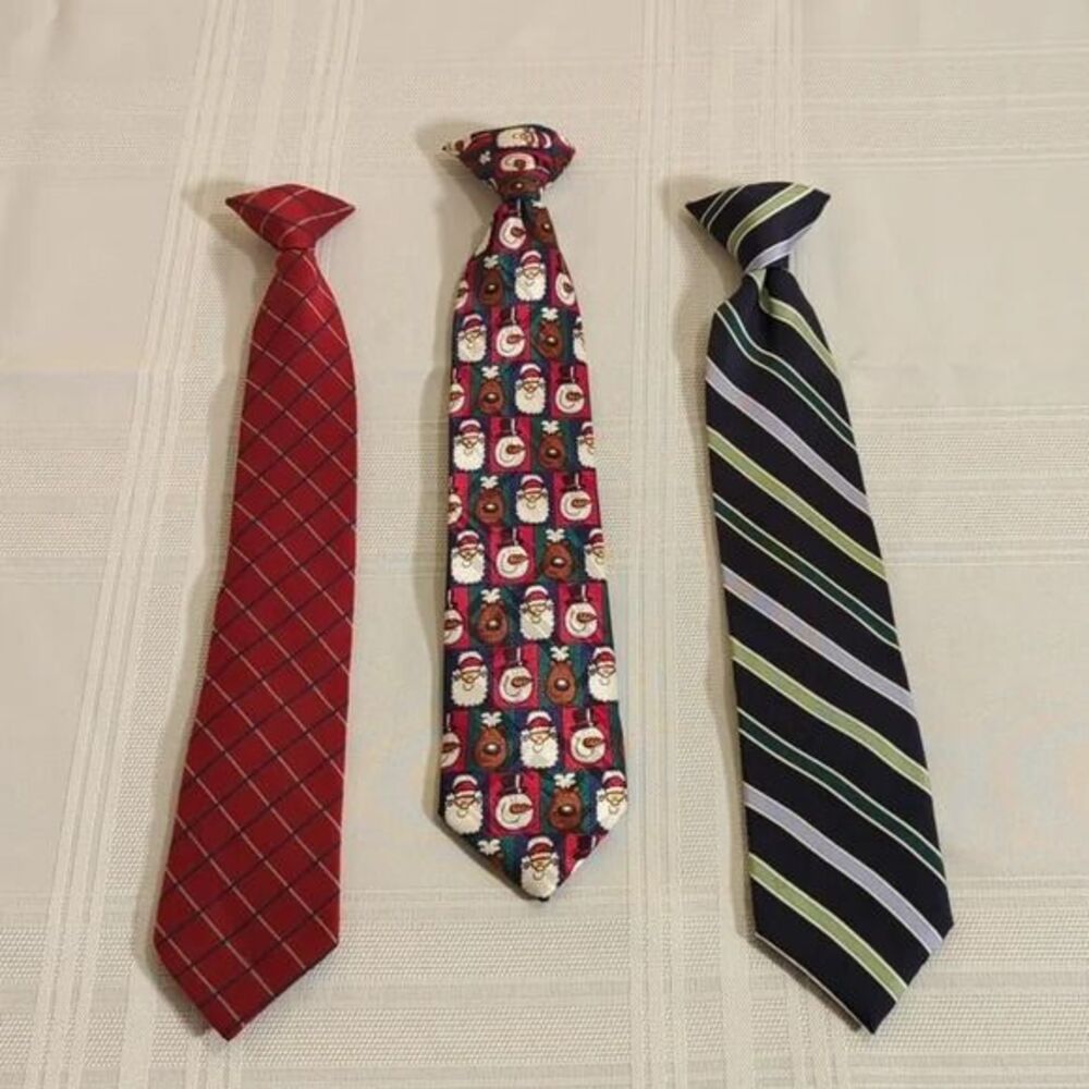 Clip-on Ties (3) Boys 15 Inch Christmas Blue Repp Stripe Red Check